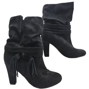 Express Womans size 6 Slouch Tassel Faux Suede Calf Boots Black Fabric 4" Heels